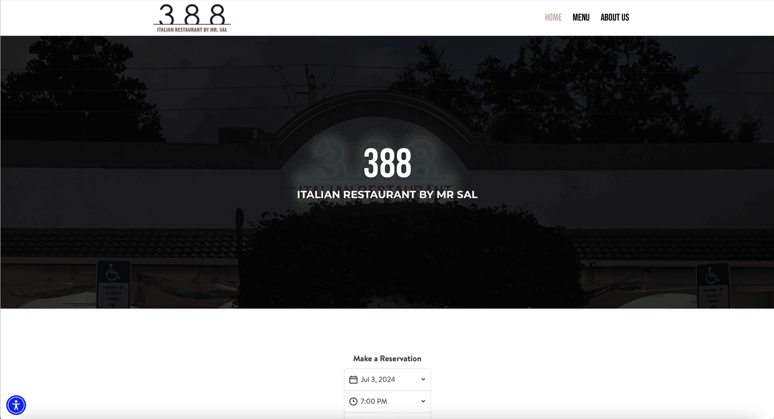 Home page of the 388 Restaurant website