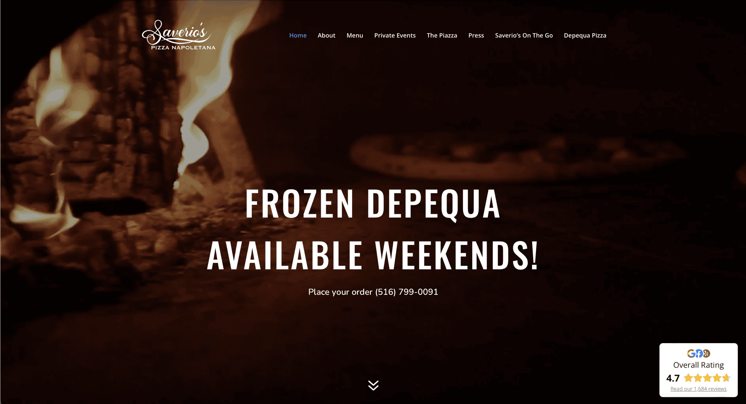 Home page of the Saverio’s Pizza website