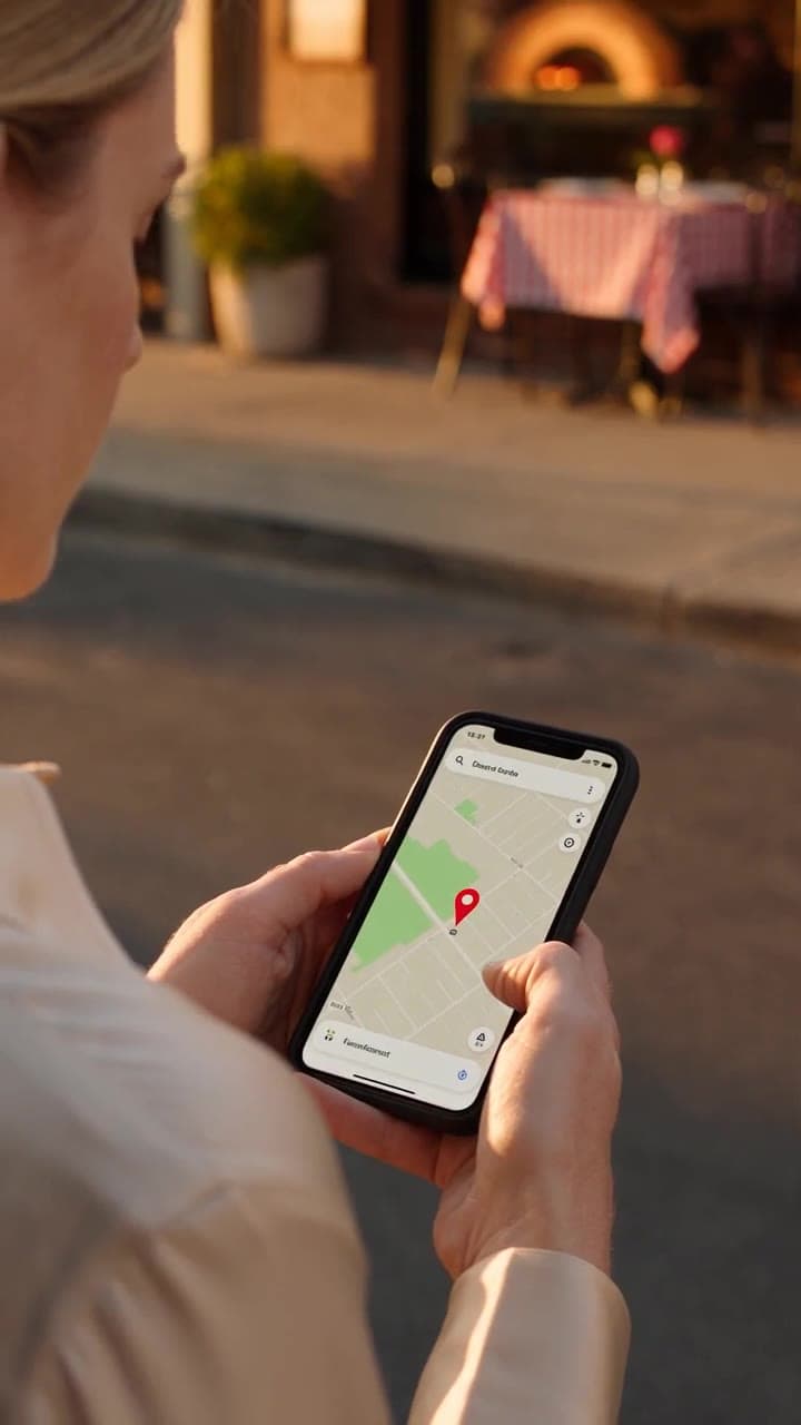 A woman checks a map on her phone, then walks toward a restaurant across the street
