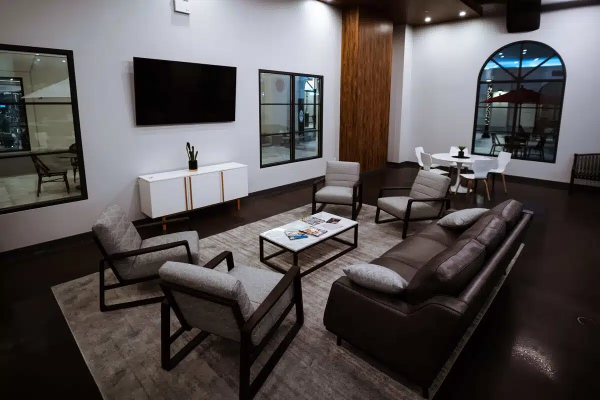 A furnished lounge with sofas, armchairs and a television