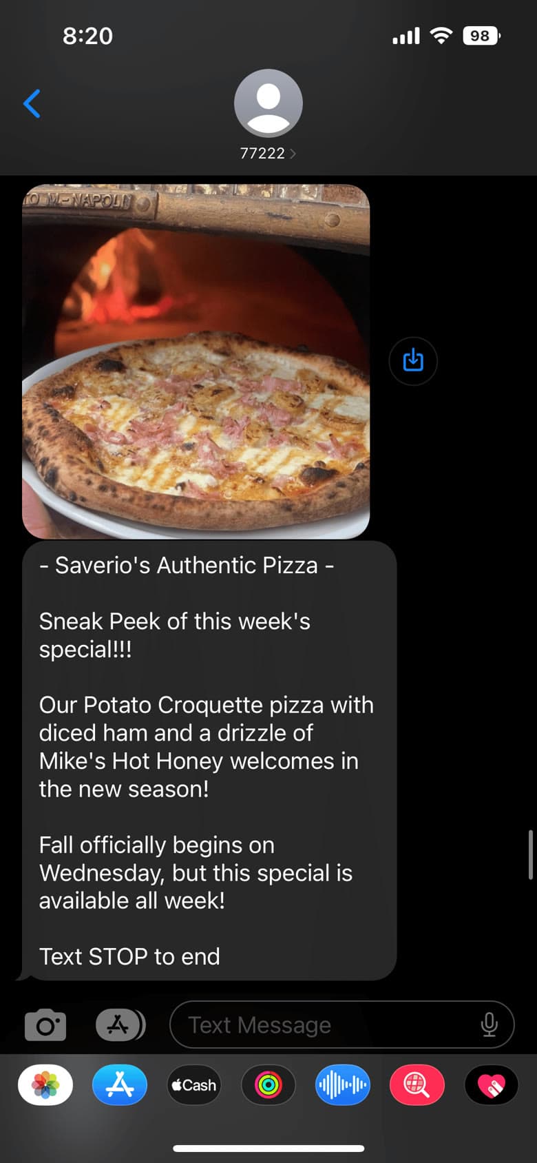 The Saverio’s weekly special arriving by text, with a photo of the pizza